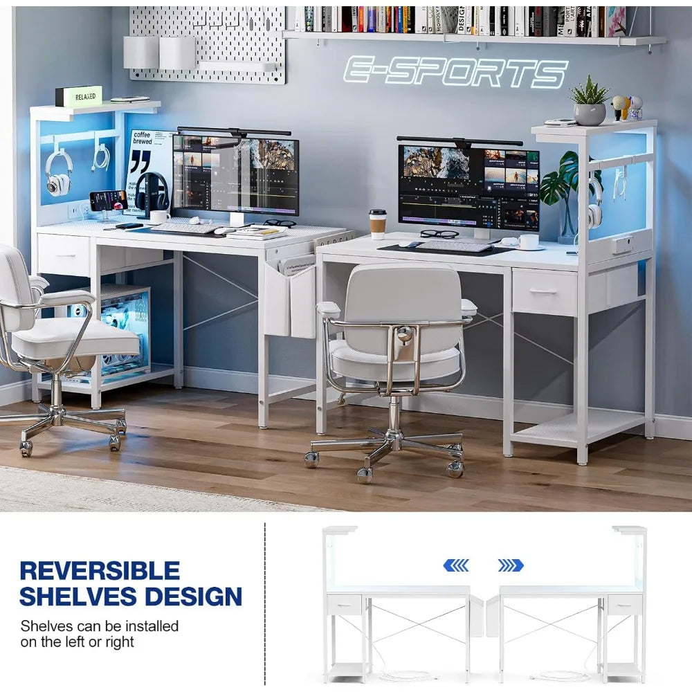 Gaming Desk 47 Inch with Power Outlet LED Light and Storage Drawer