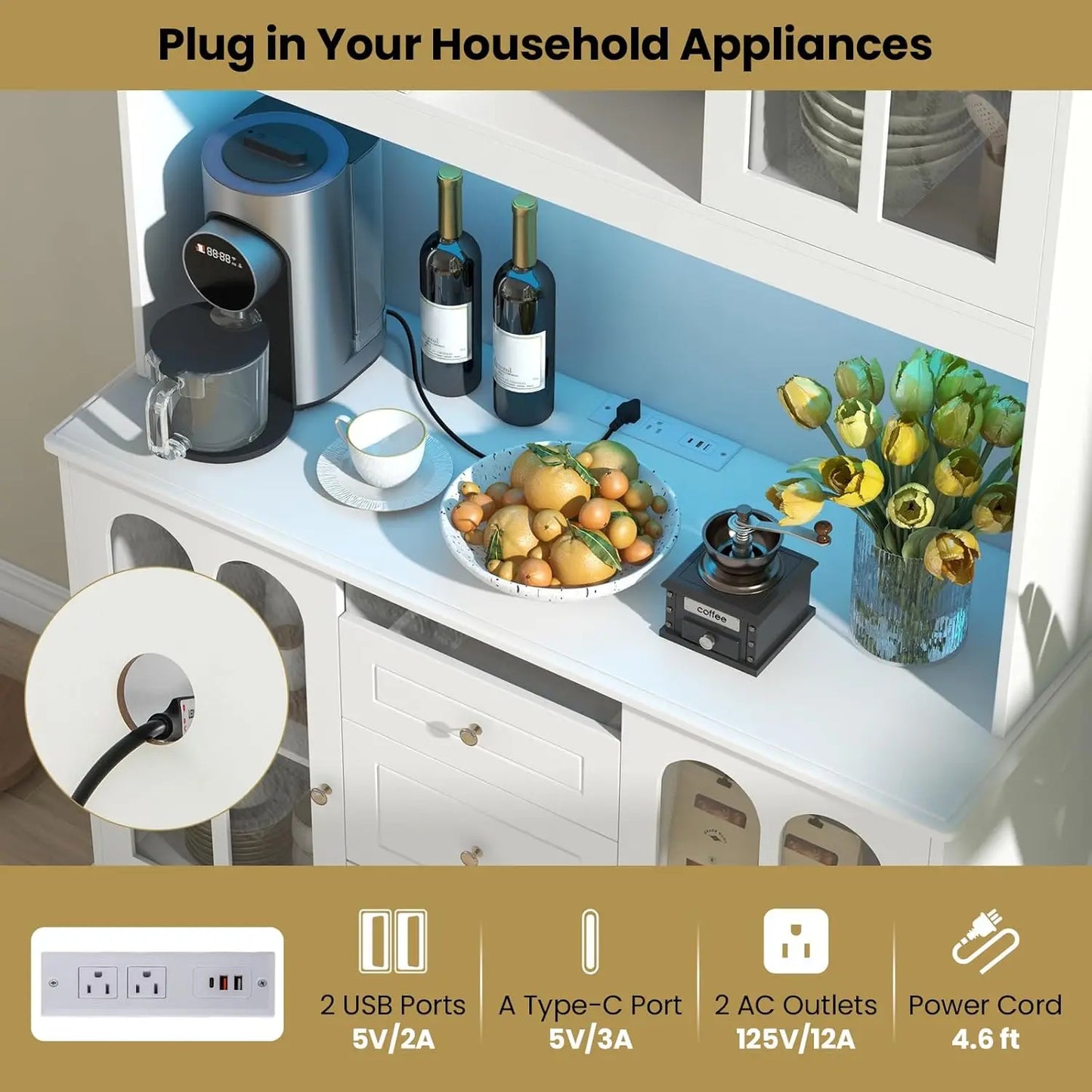 Large Kitchen Pantry Cabinet Buffet Hutch with LED Lights and Drawers