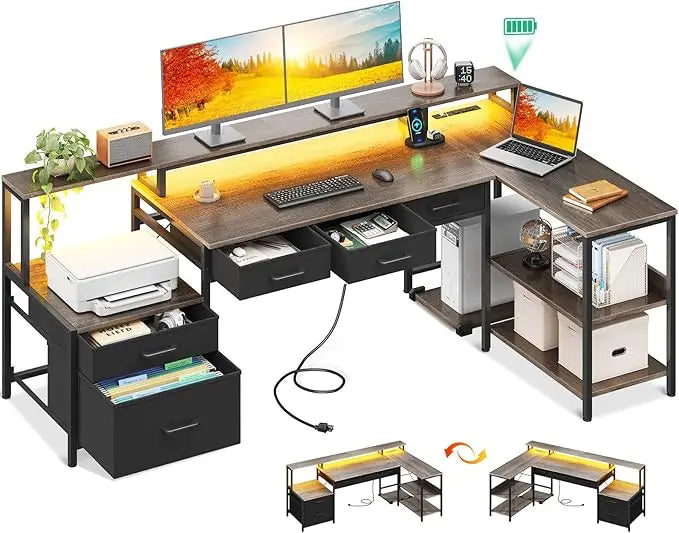 L Shaped Computer Desk with Power Outlet LED Strip 66 Inch Storage
