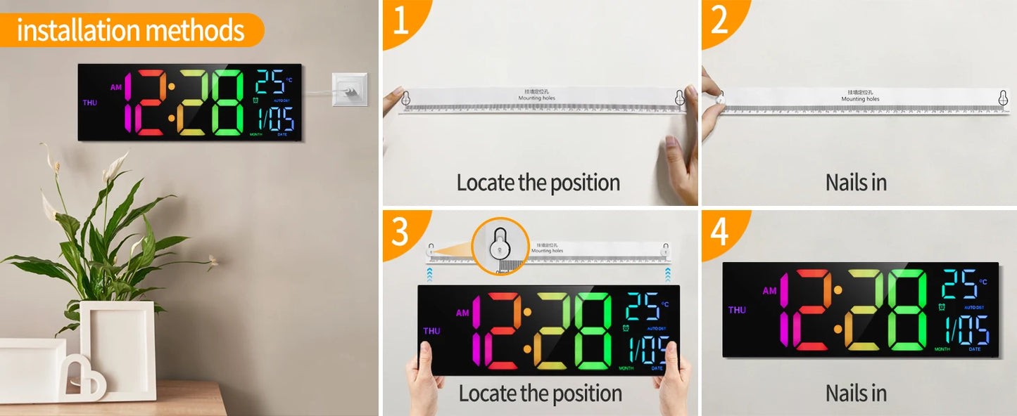 Large Digital Wall Clock LED Display Remote Alarm Temperature RGB