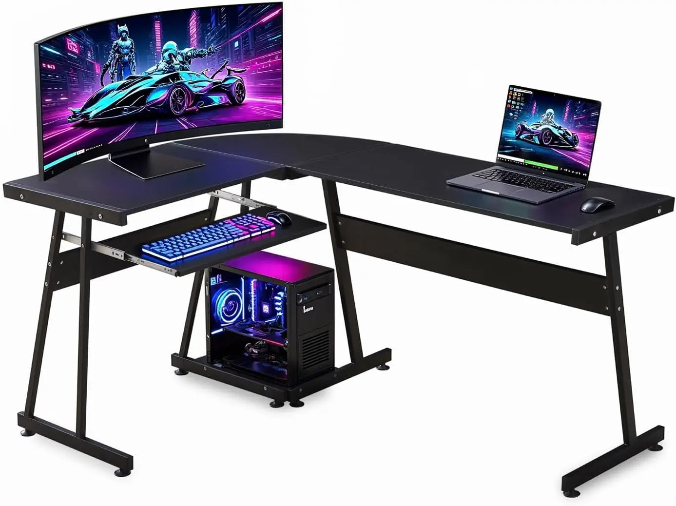 L-Shaped Gaming Desk with Keyboard Tray and CPU Stand Reversible 58 Inch