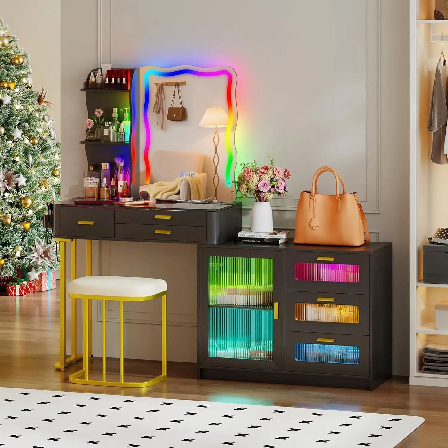 Large Makeup Vanity Desk with Mirror RGB Lights Charging Station