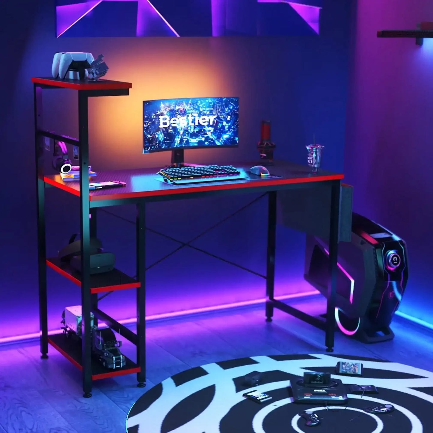 Computer Gaming Desk 44 Inch with LED Lights Reversible Shelves Carbon Fiber