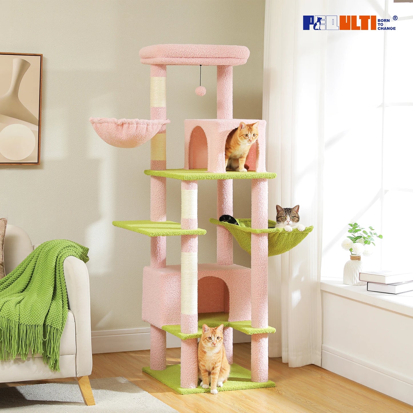 Cat Tree Large Metal Hammock 2 Condos Scratching Post for Indoor Cats