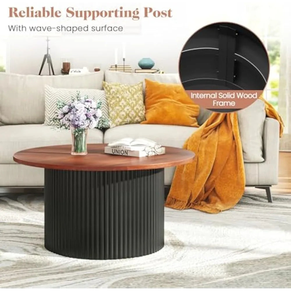 Round Coffee Table Mid Century Modern Wooden Accent Cocktail Table 32"