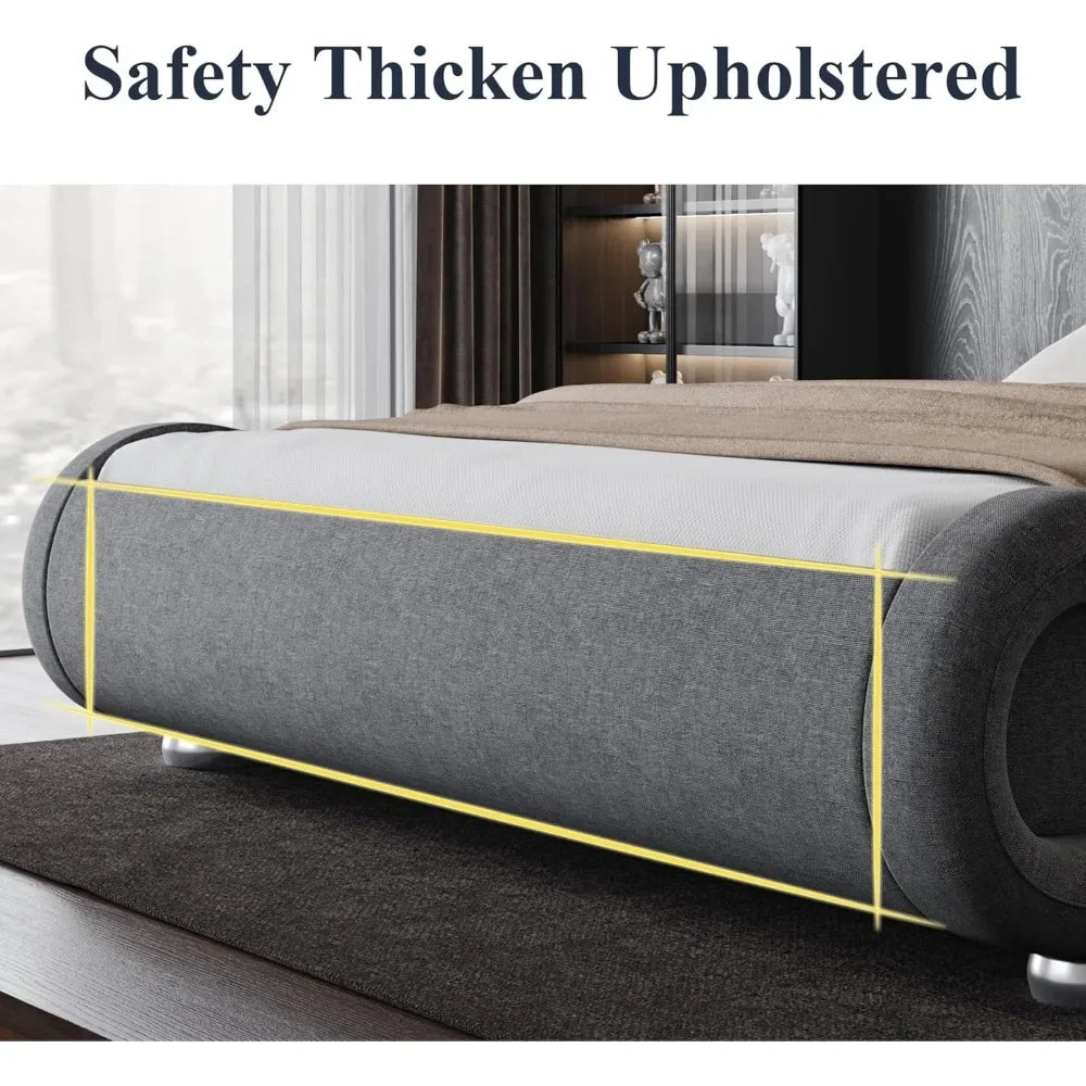 Queen Size Bed Frame Low Profile Modern Upholstered Platform Sleigh