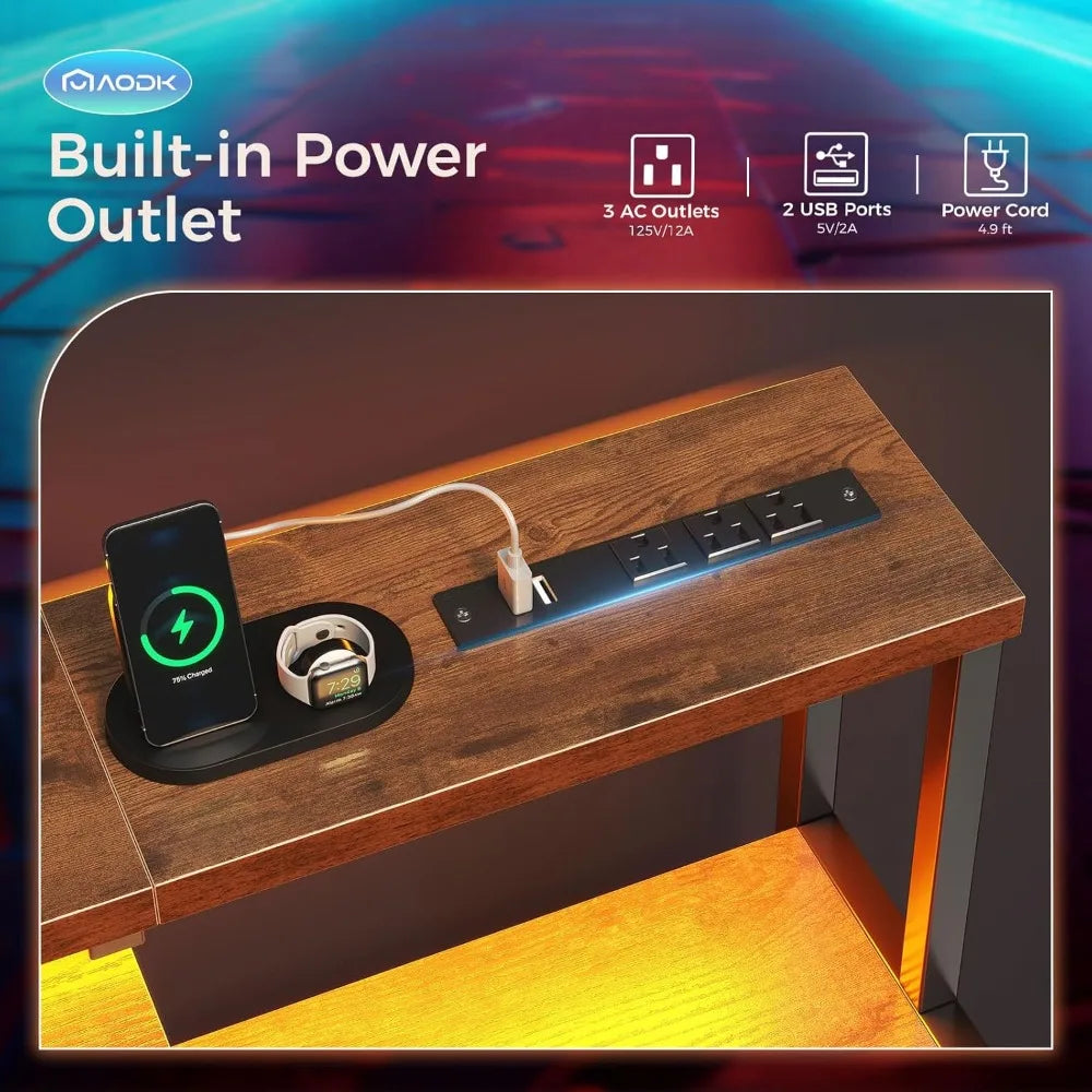 48 Inch Computer Desk Gaming Desk with LED Lights Power Outlet Shelves