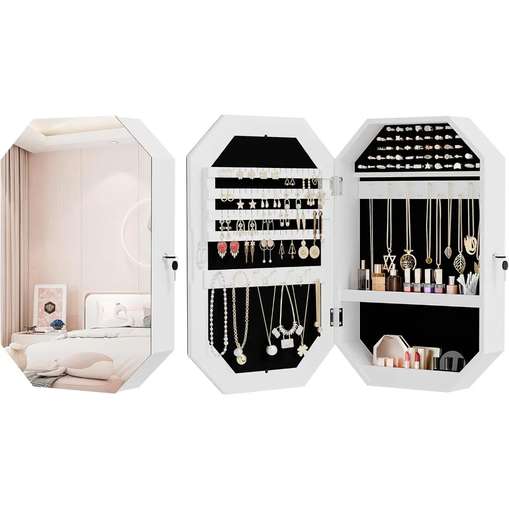 Modern Diamond Jewelry Armoire Lockable Wall Mounted Organizer with Mirror