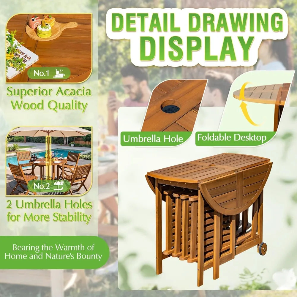 5 Piece Outdoor Acacia Wood Patio Dining Set Round Folding Table Chairs