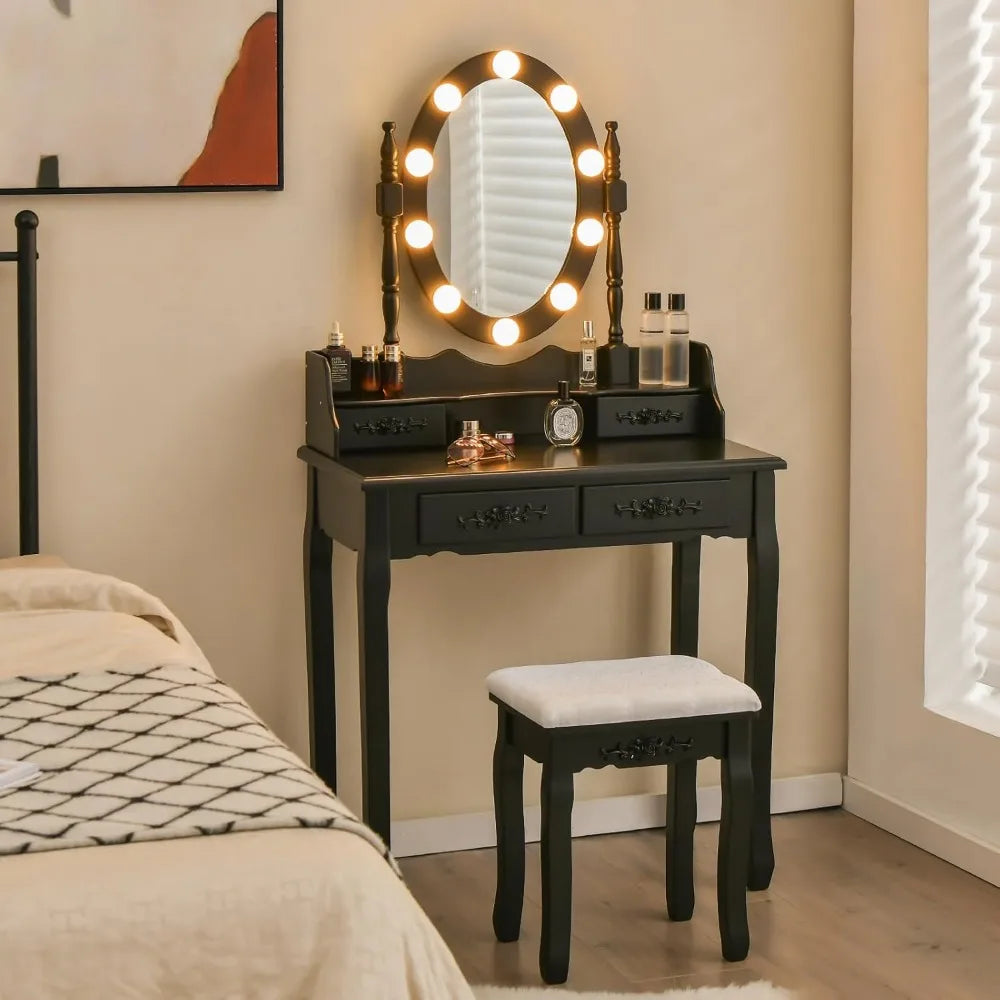 Vanity Table Set with Lighted Mirror Adjustable Brightness Storage