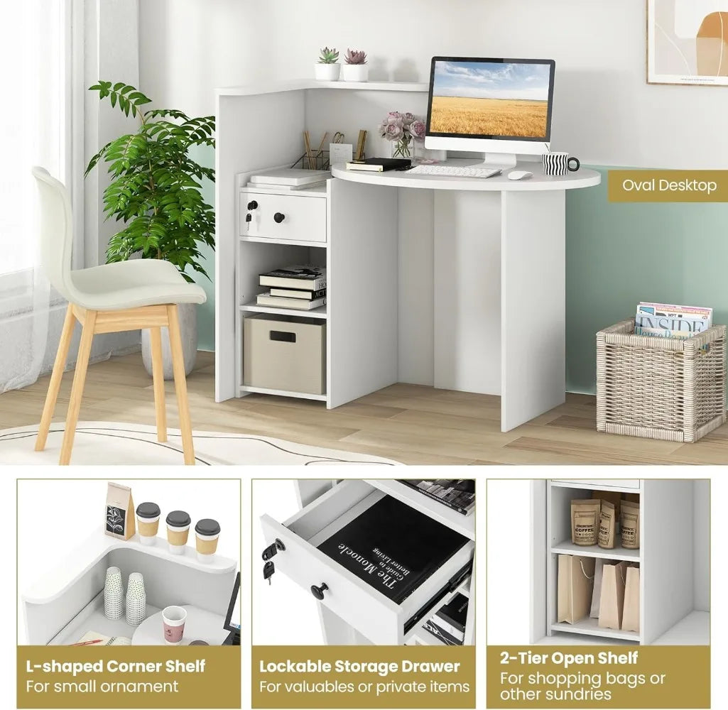 Front Counter Desk with Lockable Drawer Adjustable Shelf for Office Beauty