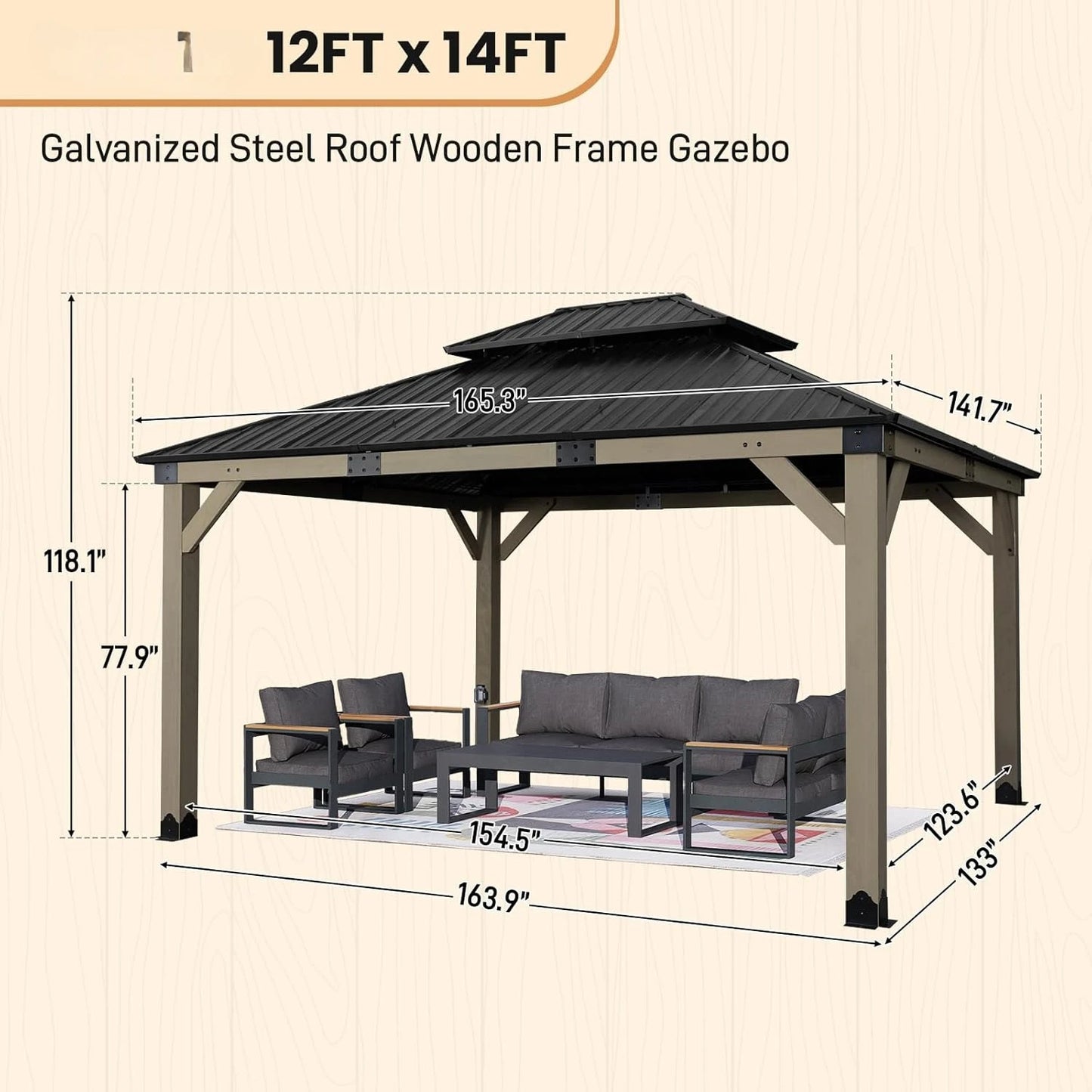 12x14 Ft Wooden Gazebo with Metal Roof and Charging Socket for Patio