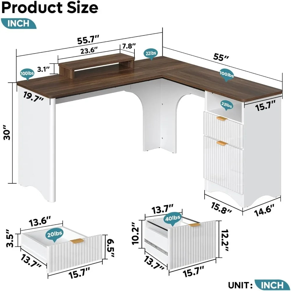 L Shaped Office Desk with File Drawer Modern Computer Desk 55.7" x 55"