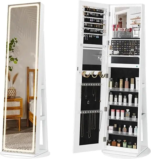 LED Mirror Jewelry Cabinet Full-Length Swivel Armoire with Lights