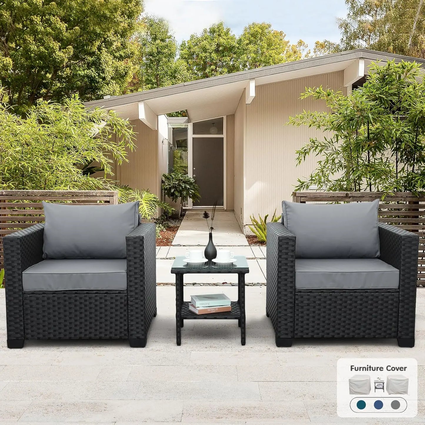 3 Piece Wicker Patio Set Outdoor Chairs Glass Table Garden Furniture