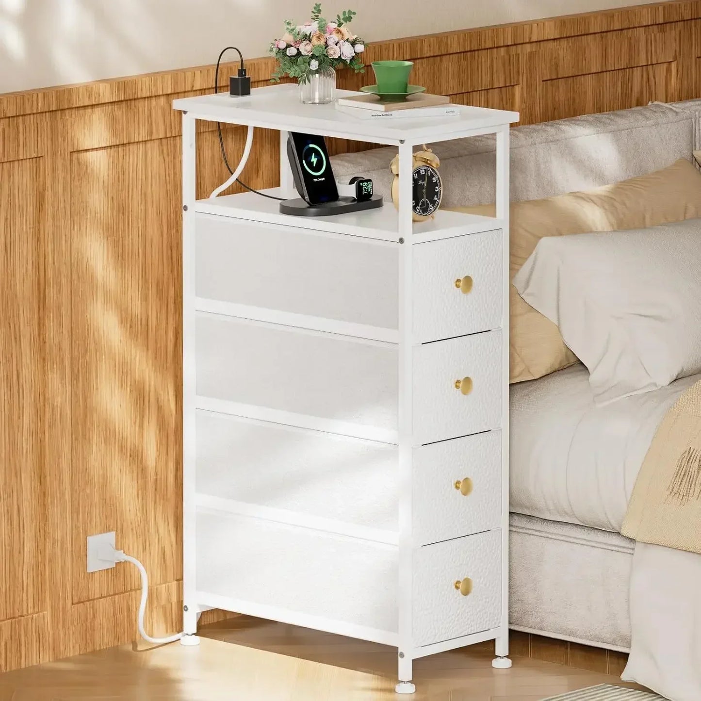 Narrow Dresser with Charging Station 4 Fabric Drawers Slim Chest