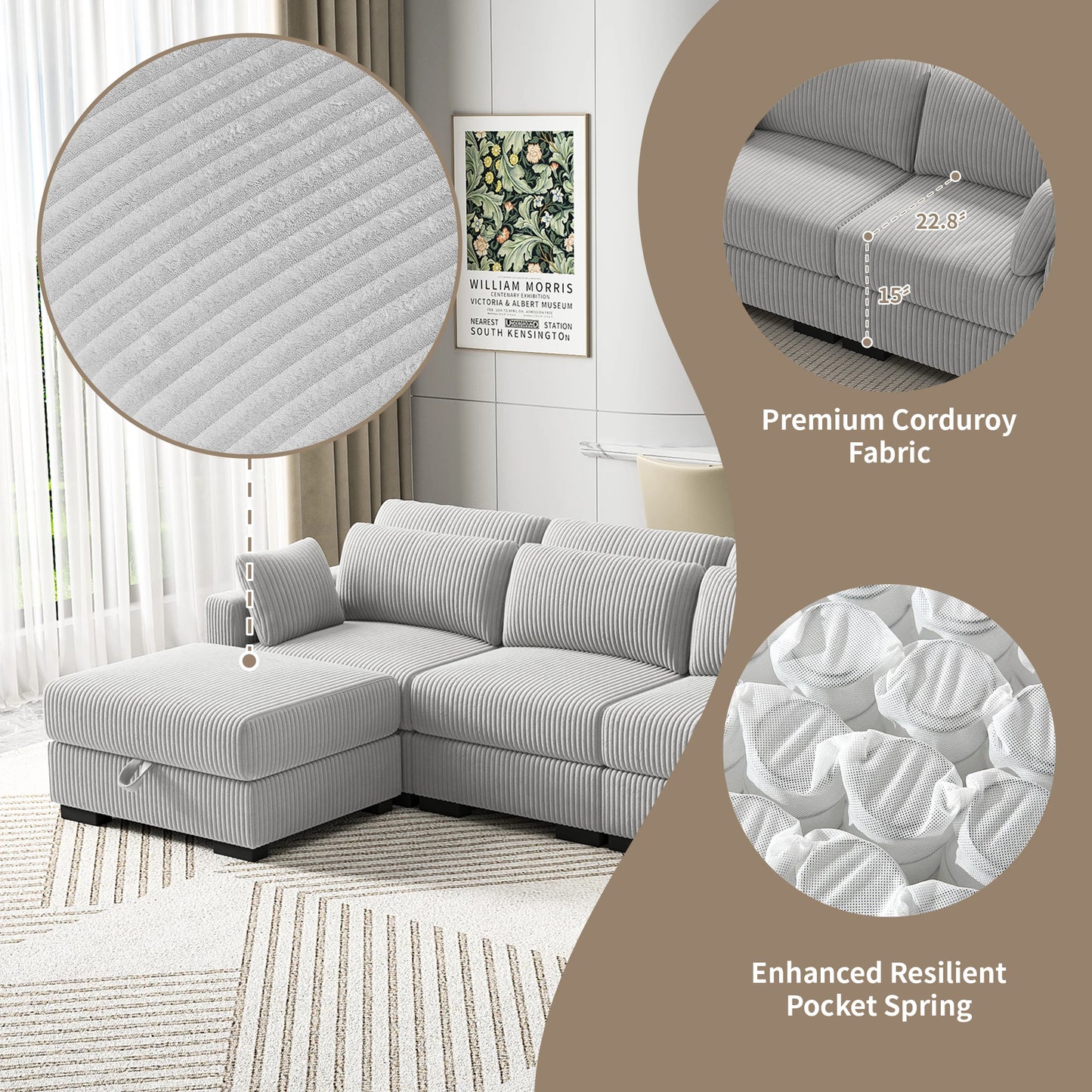 Corduroy Modular Sectional Sofa Modern Cloud Couch Living Room Furniture