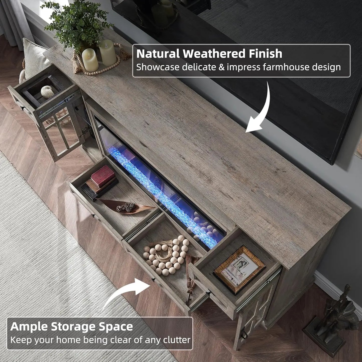 Fireplace TV Stand for 80 Inch TV Farmhouse Entertainment Center LED Lights