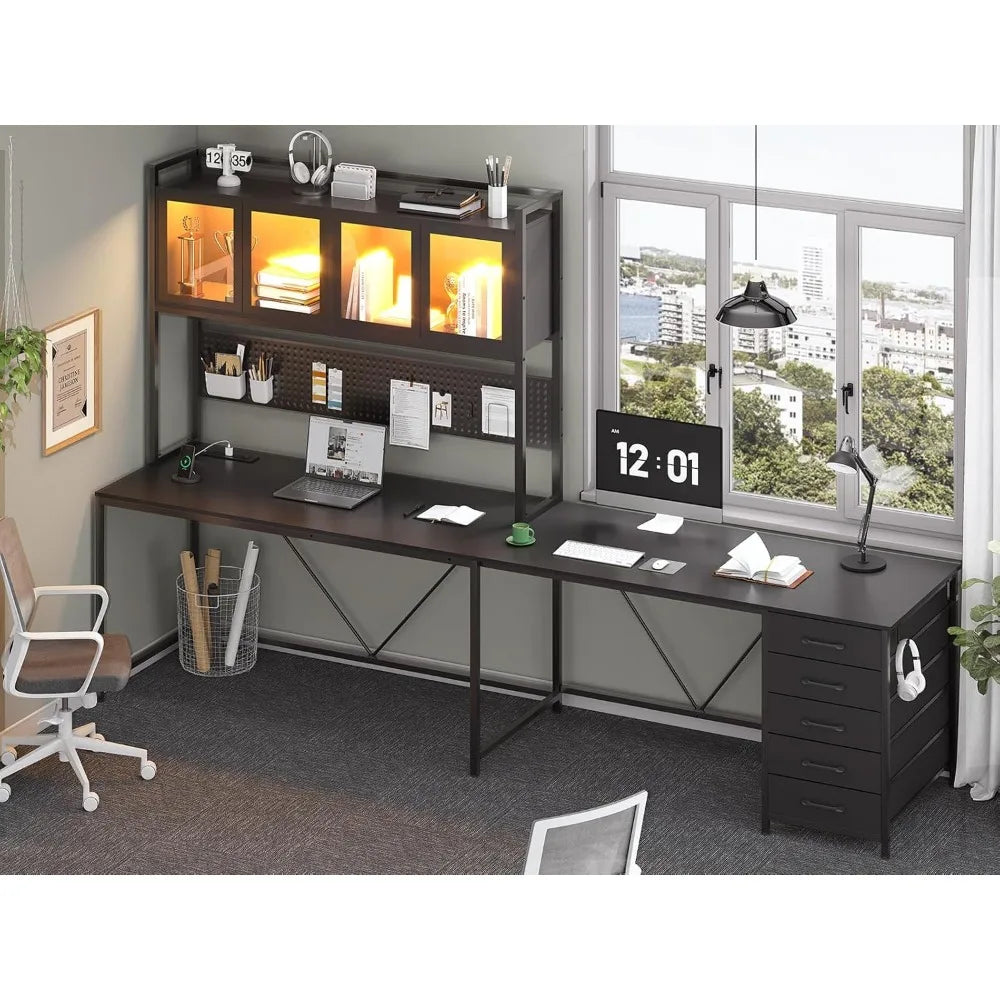 L Shaped Computer Desk with Hutch Storage Shelves LED Lights Power Outlet