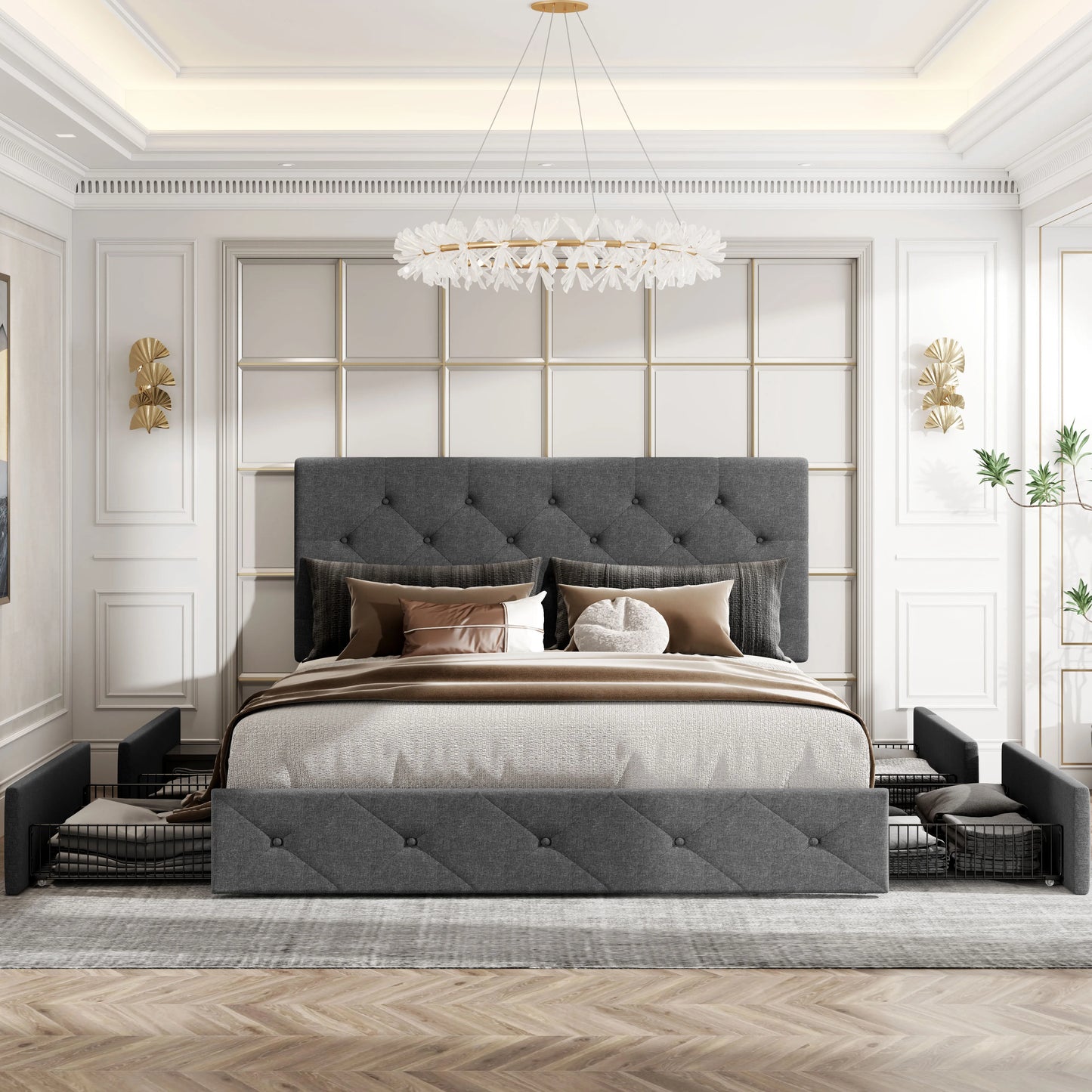 Ljustra Platform Storage Bed Frame 4 Drawers Adjustable Headboard Modern