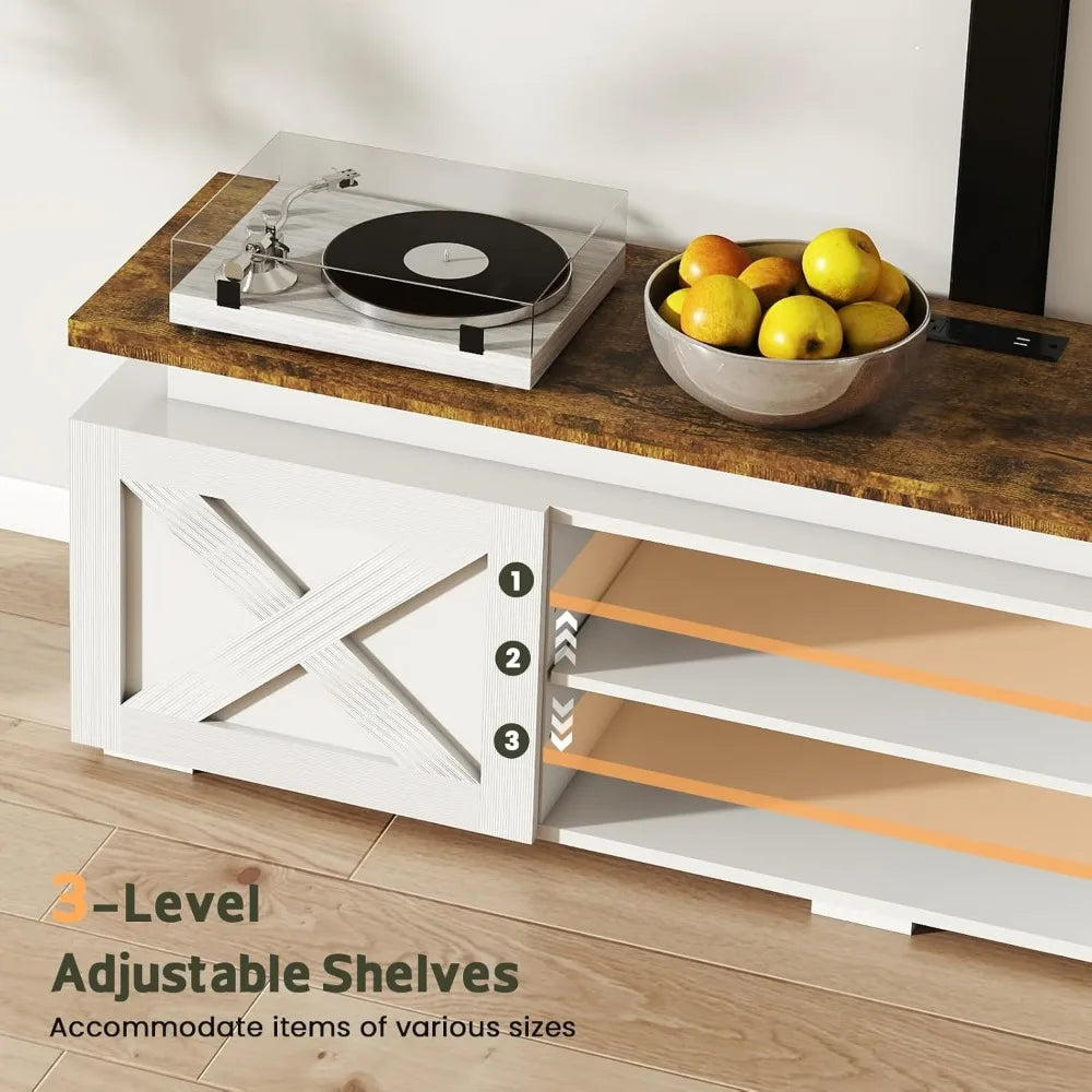 Farmhouse TV Stand with Mount 75 Inch LED Light Power Outlet Storage