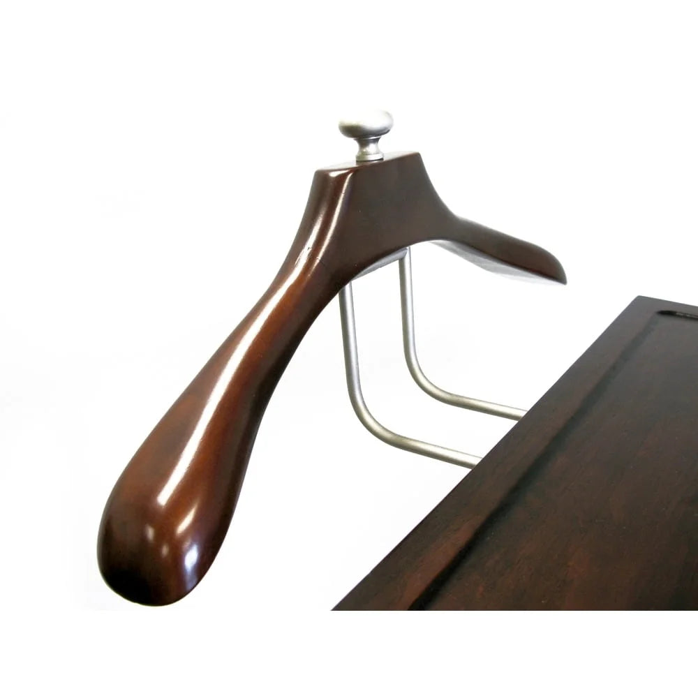 Elegant Dark Walnut Dresser Valet Stand with Drawer Satin Nickel Hardware
