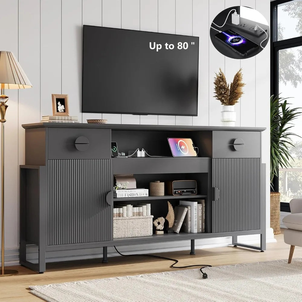 Fluted TV Stand 70 Inch for Living Room with Charging Outlets for TVs Up to 80 Inch