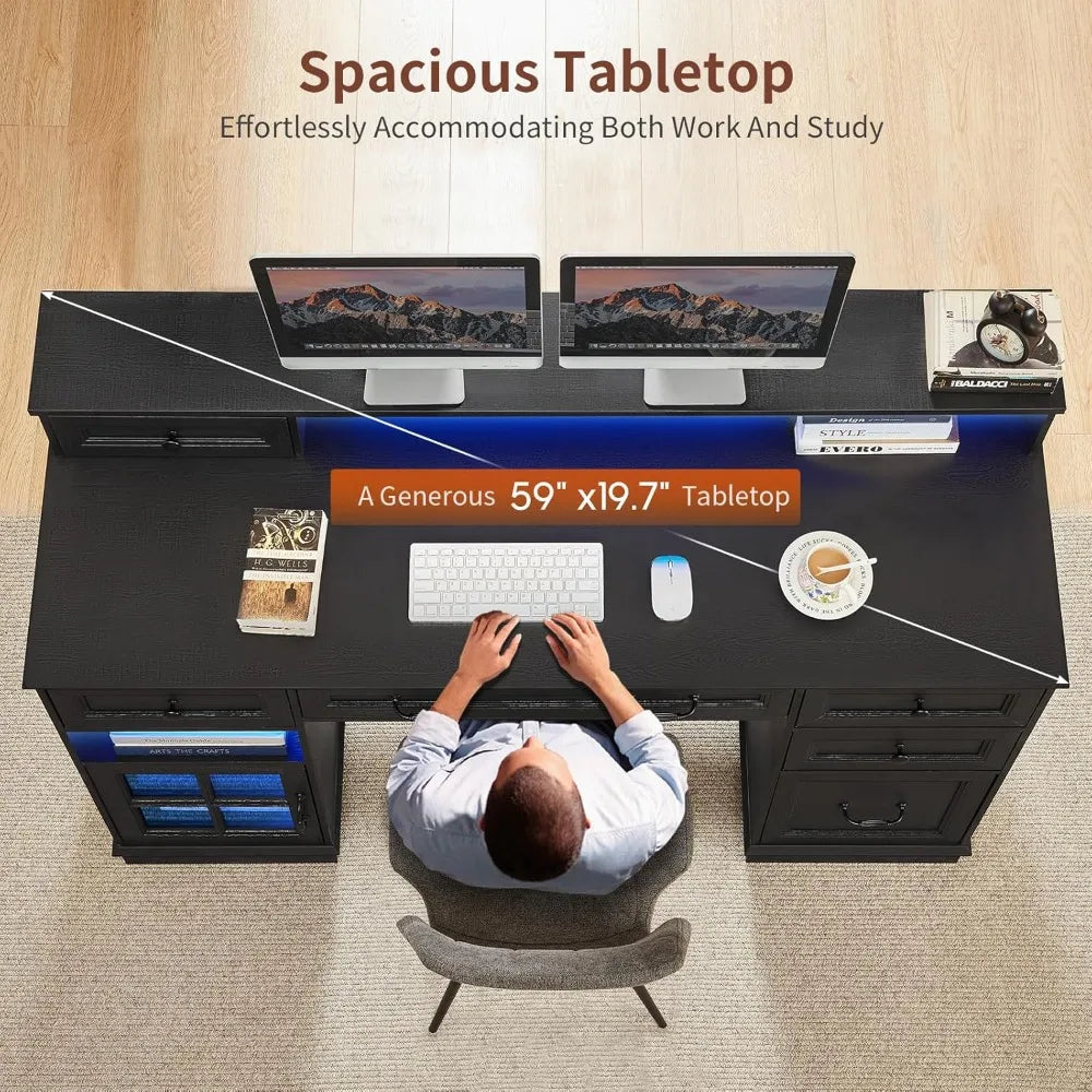 Farmhouse Executive Desk with Drawers LED Lights Power Outlet Storage