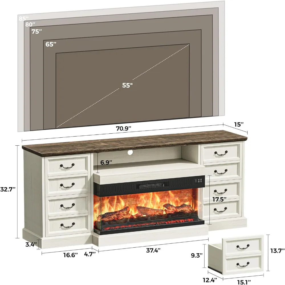 Fireplace TV Stand for 75 Inch TV 3-Sided Glass Entertainment Center