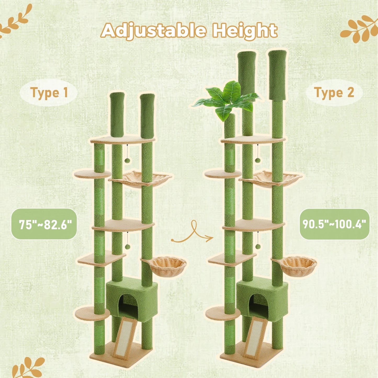 Floor to Ceiling Cat Tree Adjustable Height Wooden Tower with Scratching Posts