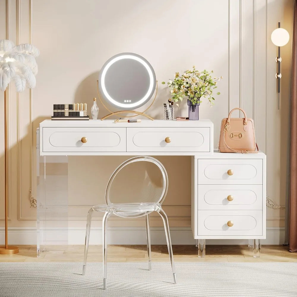 White Makeup Vanity Desk with 5 Drawers Extendable Modern Dressing Table