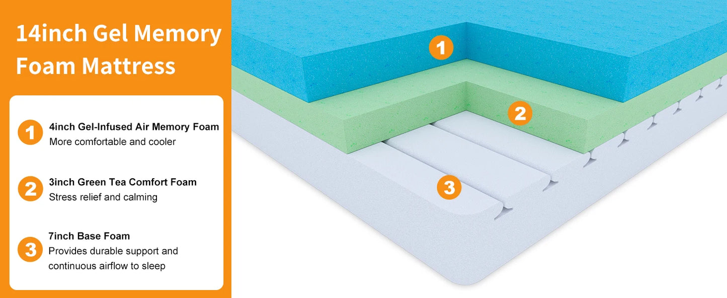 King Memory Foam Mattress 14 Inch Cooling Gel Pressure Relief