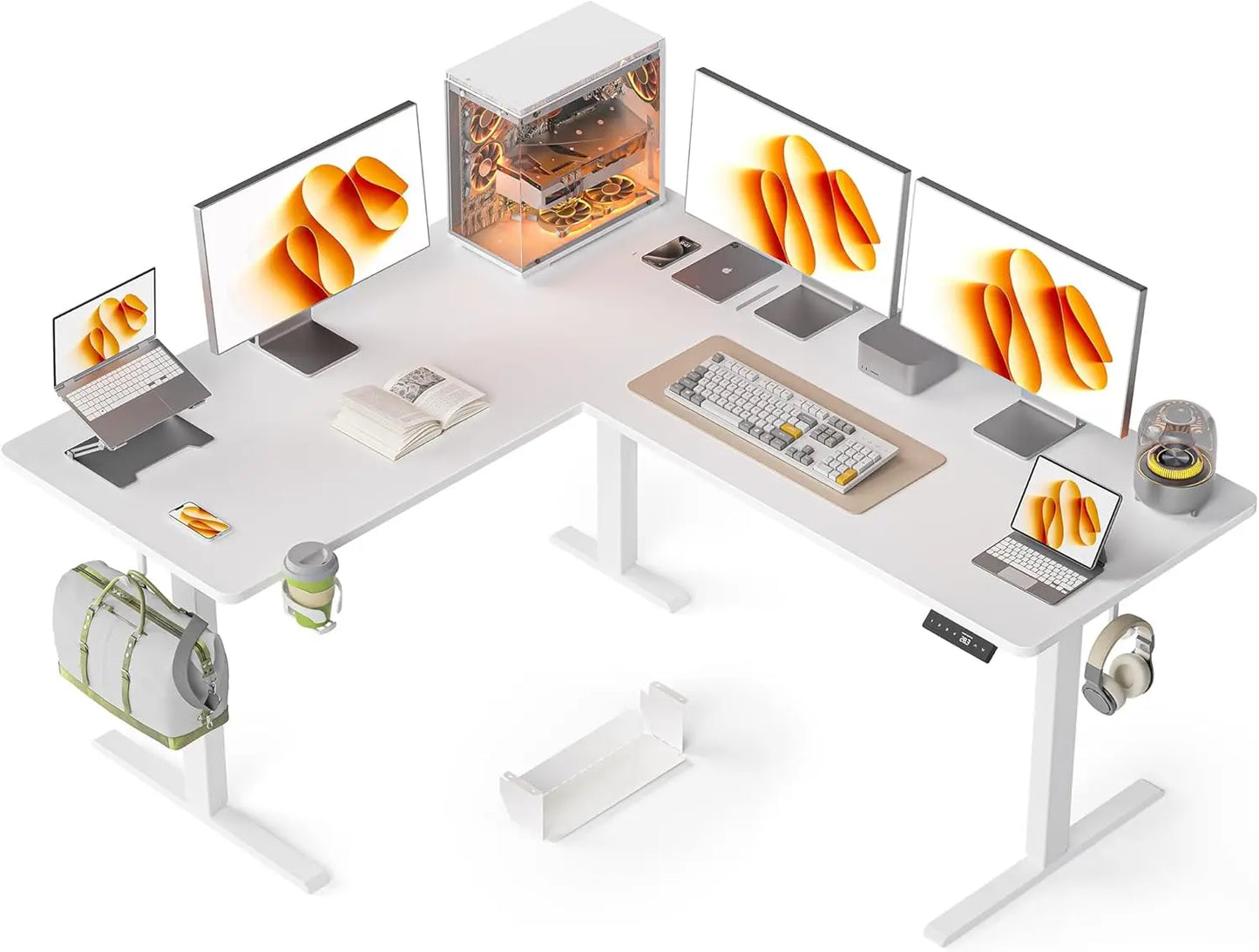 L Shaped Electric Standing Desk 63x55 Inches Height Adjustable with Cup Holder