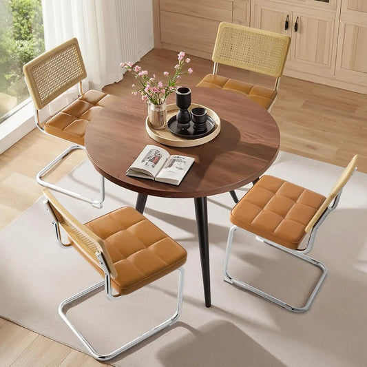 Modern Dining Chairs Set of 4 Faux Leather Cane Back Metal Legs Rattan