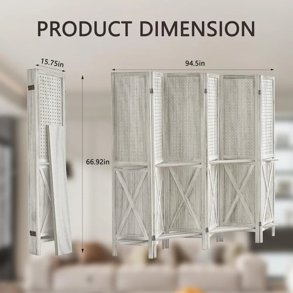 6 Panel Room Divider Wood Folding Privacy Screen with Shelves