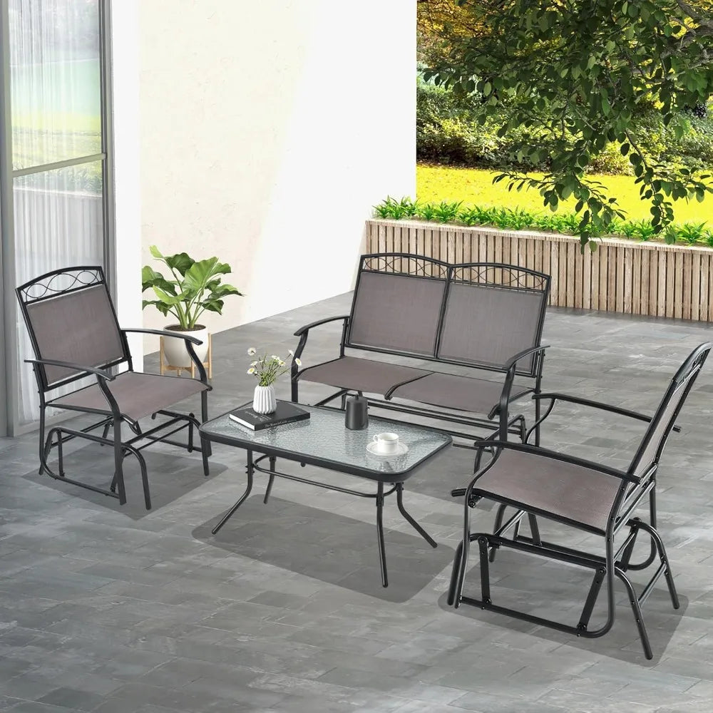 4 Piece Outdoor Glider Chair Set Patio Furniture with Glass Table