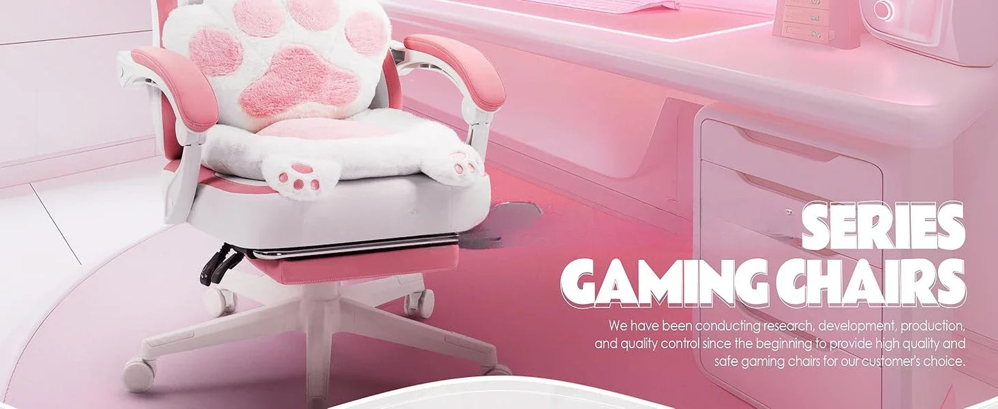Cute Gaming Chair with Cat Ears Lumbar Cushion Ergonomic Footrest Reclining