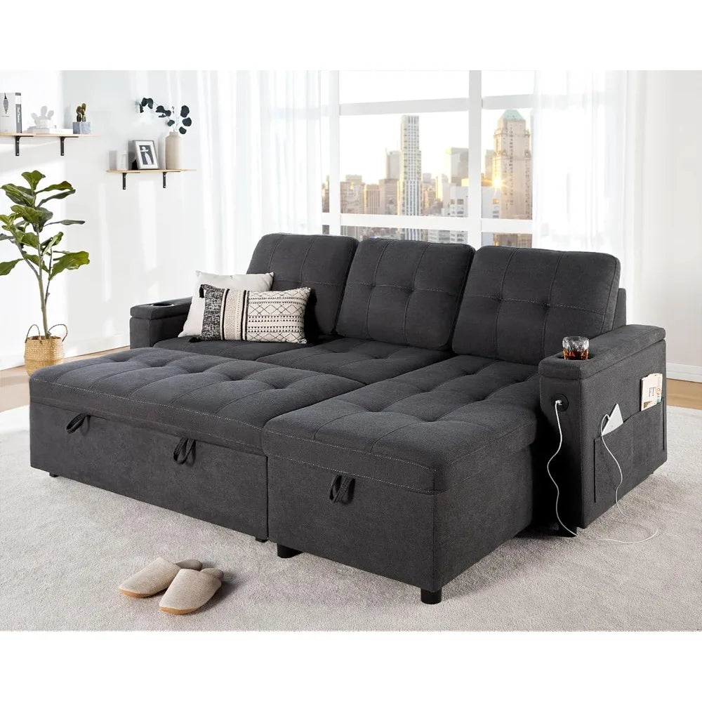 Ljustra Sleeper Sofa Pull Out Couch Bed USB Charging Port Cup Holders