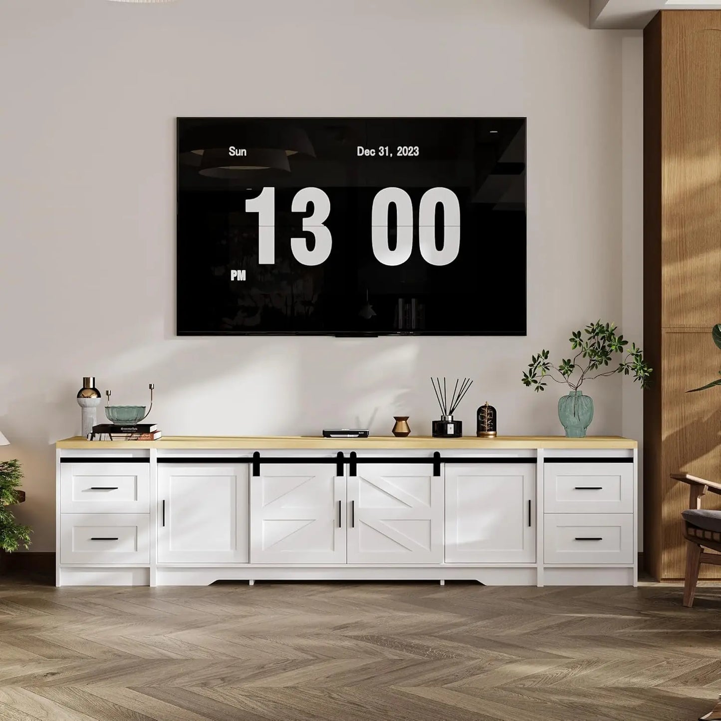 Farmhouse TV Stand for 100 Inch TV Entertainment Center with Storage