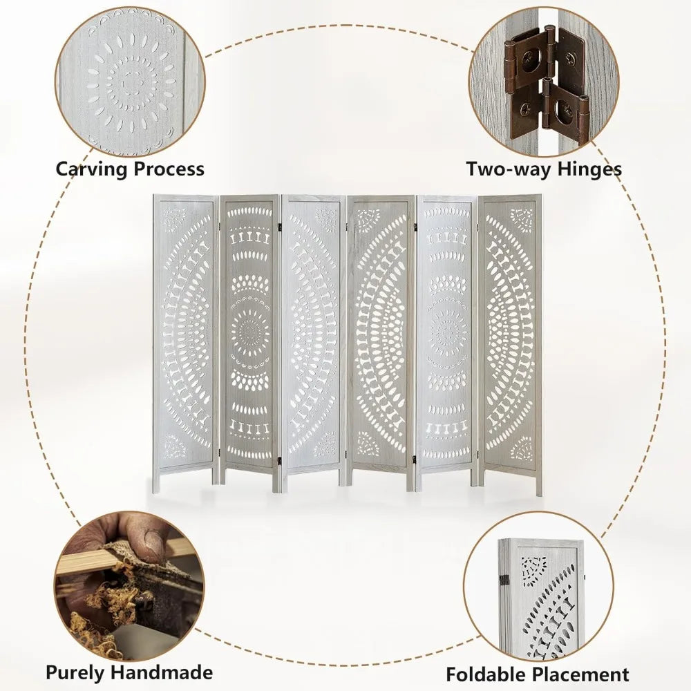 Boho 6 Panel Room Divider Modern Folding Privacy Screen Partition