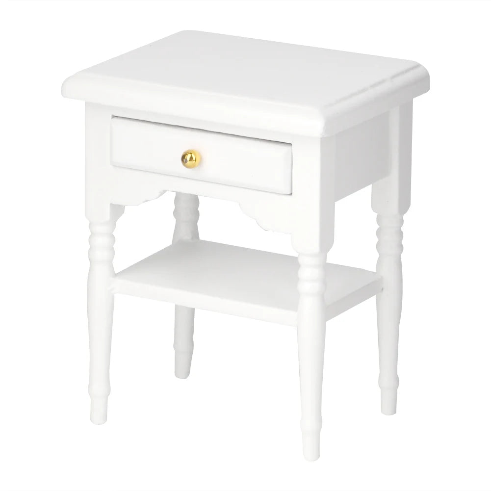 Mini White Wooden Bedside Table Model Dollhouse Furniture 1:12 Scale