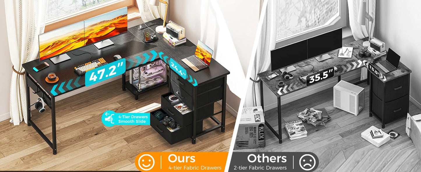 L Shaped Gaming Desk with 4 Drawers and USB Charging Power Outlets