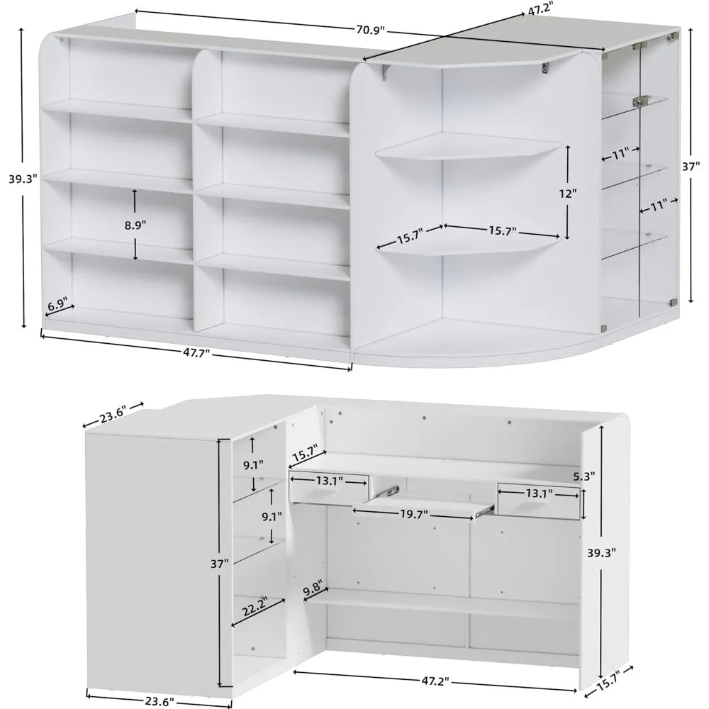 L-Shaped Reception Desk with Drawers and Transparent Display Case