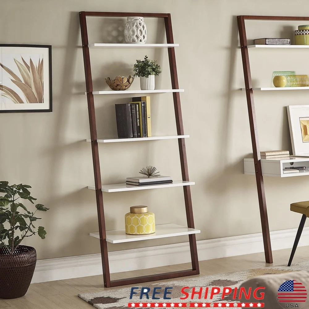 Mid Century Modern Leaning Ladder Bookcase 5 Shelves Solid Wood Espresso