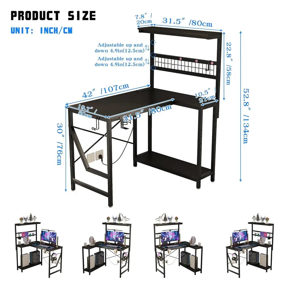 42 Inch L Shaped Gaming Desk with Power Outlets LED Lights Cup Holder