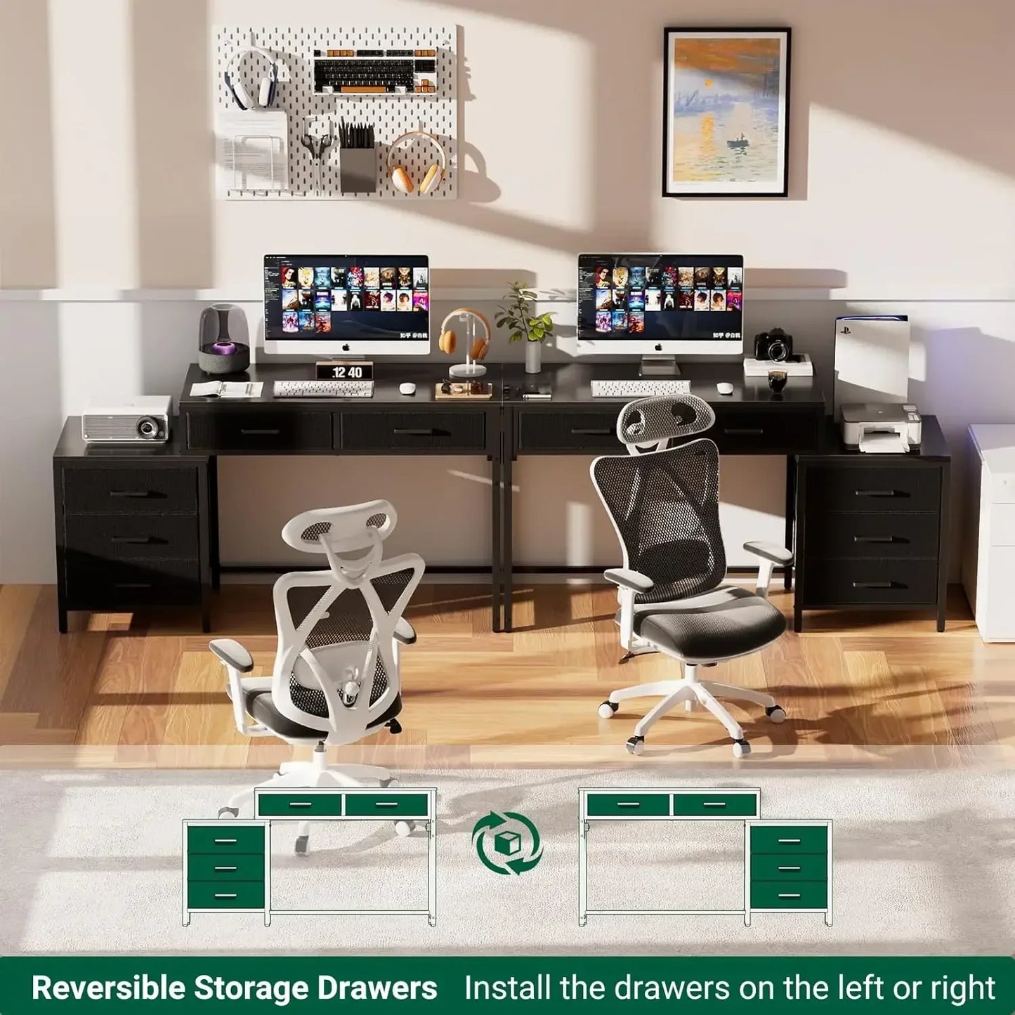 Reversible Computer Desk with 5 Drawers USB Ports Power Outlets