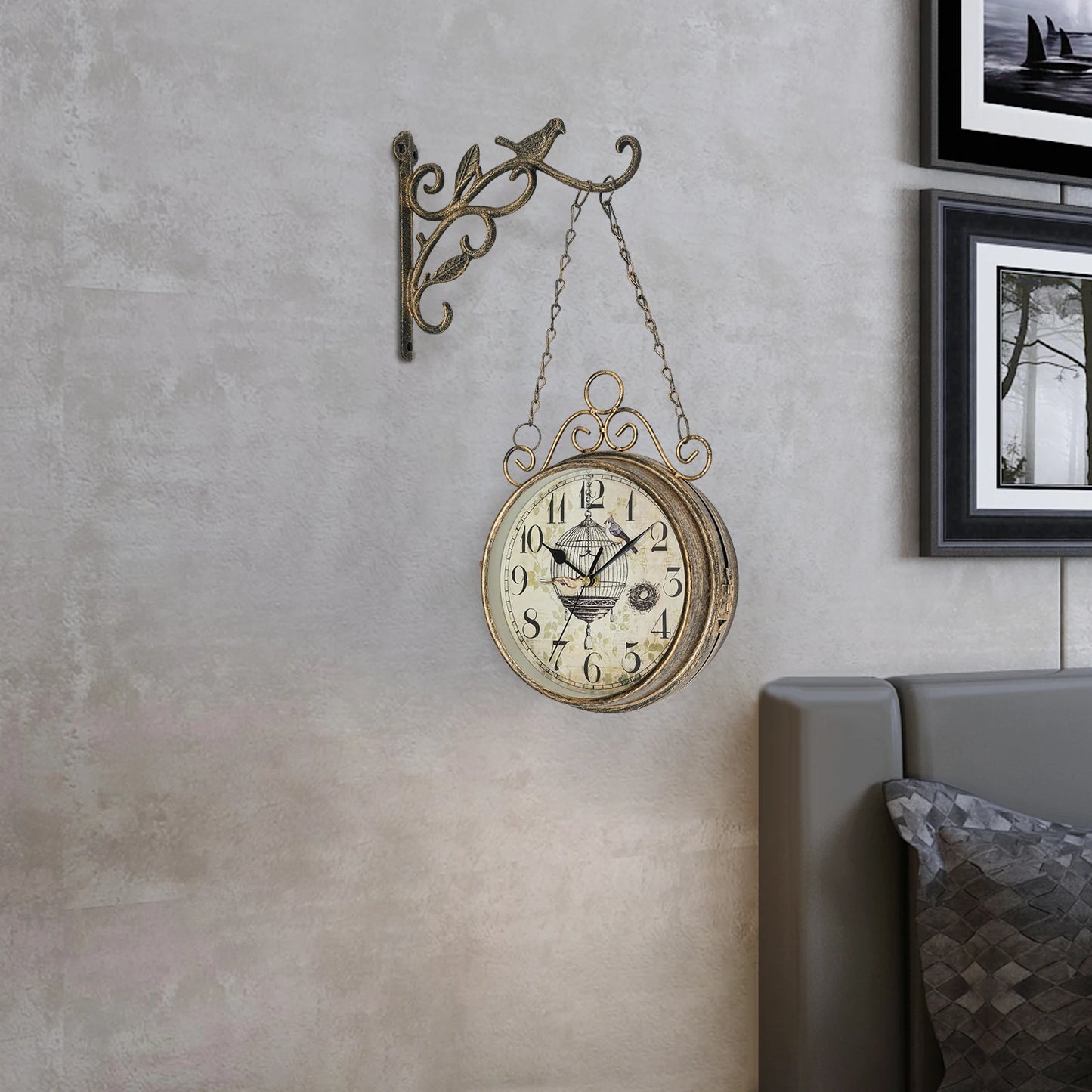 Double Sided Iron Wall Clock Vintage Round Design for Living Room Decor
