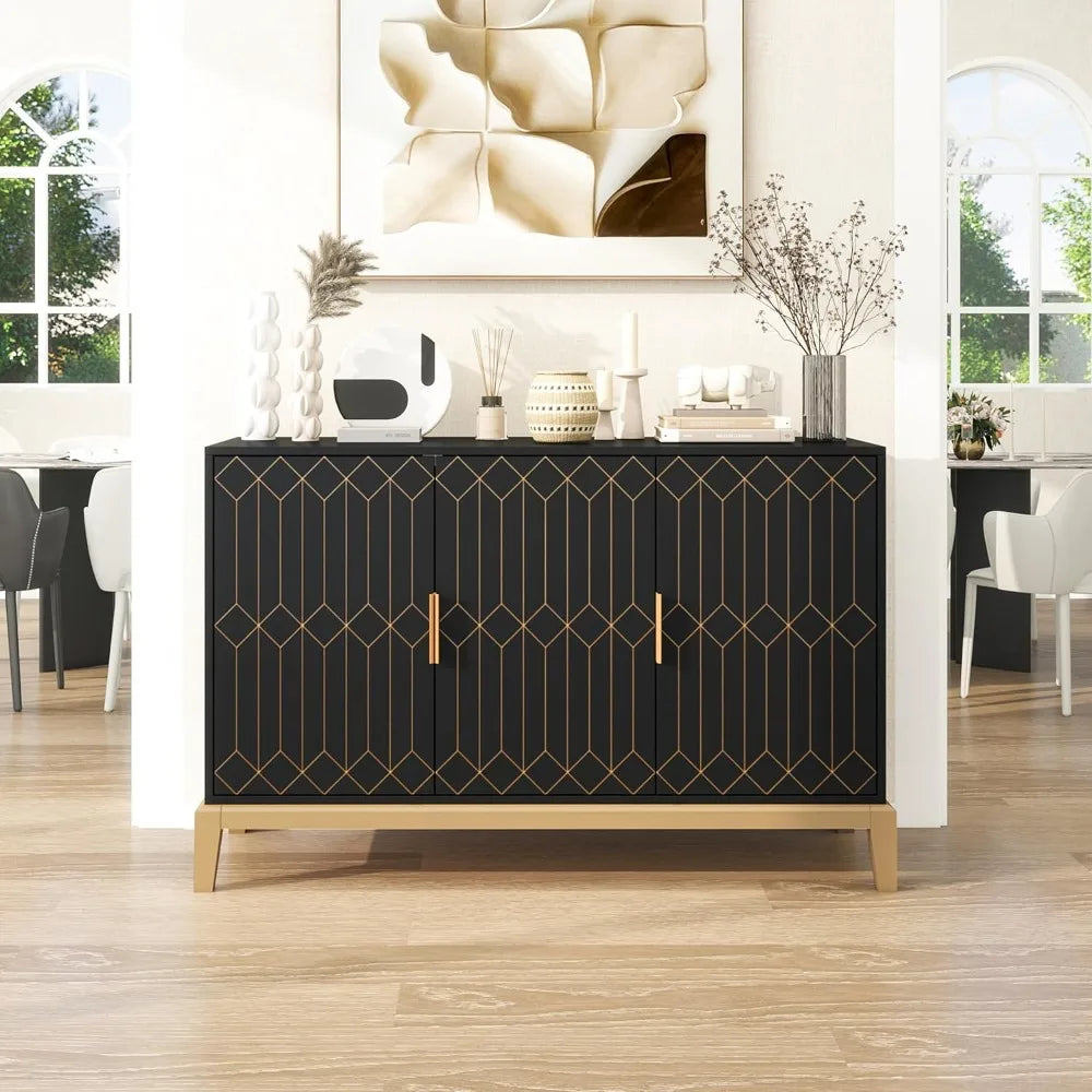Black 47 Inch 3 Door Carved Line Storage Cabinet Sideboard Buffet