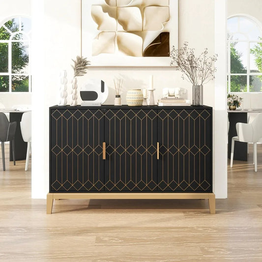 Black 47 Inch 3 Door Carved Line Storage Cabinet Sideboard Buffet
