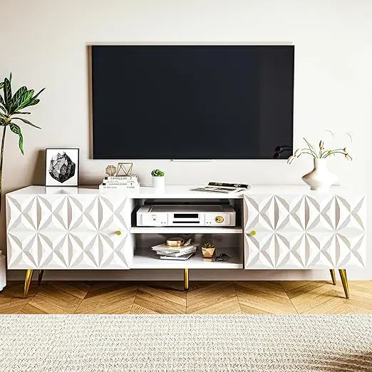 White Modern TV Stand for 65 Inch TV with Storage Cabinets Adjustable Shelves